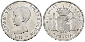 Alfonso XIII (1886-1931). 5 pesetas. 1889*18-89. Madrid. MPM. (Cal-14). Ag. 24,96 g. Rayitas y golpecitos. Brillo original. XF. Est...100,00.