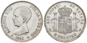 Alfonso XIII (1886-1931). 5 pesetas. 1891*18-91. Madrid. PGM. (Cal-17). Ag. 24,91 g. XF. Est...90,00.