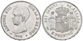 Alfonso XIII (1886-1931). 5 pesetas. 1892*18-92. Madrid. PGM. (Cal-18). Ag. 25,01 g. Limpiada. Almost XF. Est...60,00.