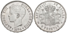 Alfonso XIII (1886-1931). 5 pesetas. 1896*18-96. Madrid. PGV. (Cal-25). Ag. 24,92 g. Limpiada. Choice VF. Est...35,00.