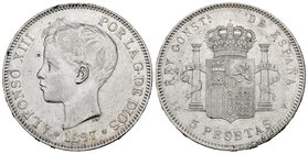 Alfonso XIII (1886-1931). 5 pesetas. 1897*18-97. Madrid. SGV. (Cal-26). Ag. 24,99 g. Choice VF. Est...35,00.