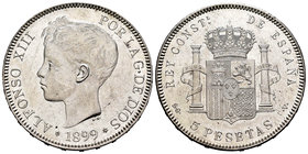 Alfonso XIII (1886-1931). 5 pesetas. 1899*18-99. Madrid. SGV. (Cal-28). Ag. 24,94 g. Marcas. Brillo original. Almost UNC. Est...100,00.