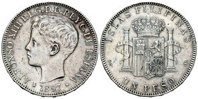 Alfonso XIII (1886-1931). 1 peso. 1897. Manila. SGV. (Cal-81). Ag. 25,21 g. Marquitas. VF. Est...50,00.