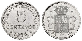 Alfonso XIII (1886-1931). 5 centavos. 1896. Puerto Rico. PGV. (Cal-86). Ag. 1,31 g. XF. Est...90,00.
