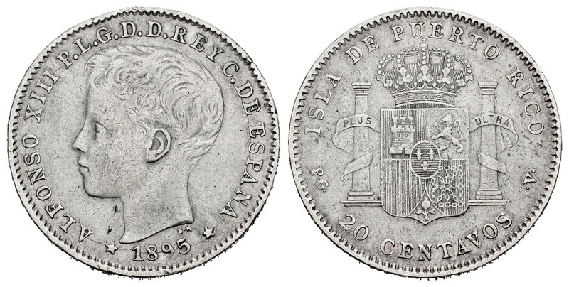 Alfonso XIII (1886-1931). 20 centavos. 1895. Puerto Rico. PGV. (Cal-84). Ag. 4,9...