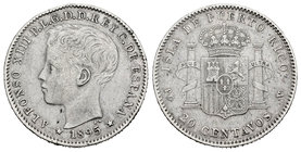 Alfonso XIII (1886-1931). 20 centavos. 1895. Puerto Rico. PGV. (Cal-84). Ag. 4,91 g. Golpecitos en el canto. Almost VF. Est...75,00.