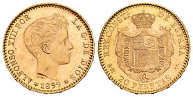 Alfonso XIII (1886-1931). 20 pesetas. 1899 *18-99. Madrid. SMV. (Cal-7). Au. 6,42 g. Brillo original. AU. Est...300,00.