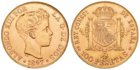 Spanish State (1936-1975). 100 pesetas. 1897 *19-61. Madrid. SGV. (Cal-1). Au. 32,09 g. Acuñación de 810 ejemplares. Brillo original. Rare. AU. Est......