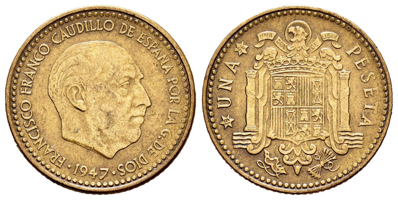 Spanish State (1936-1975). 1 peseta. 1947*19-56. Madrid. (Cal-83). 3,48 g. Scarc...