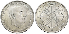 Spanish State (1936-1975). 100 pesetas. 1966*19-69. Madrid. (Cal-14). Ag. 19,01 g. Palo curvo. Scarce. UNC. Est...160,00.