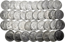 Lote de 38 monedas de 1 peseta del Centenario, 1869 (3), 1870 (2), 1876, 1882 (2), 1883(2), 1885 (2), 1889, 1891, 1893, 1896, 1899 (2), 1900 (8), 1901...