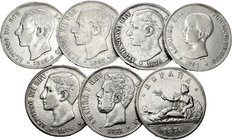 Lote de 14 monedas de 5 pesetas del Centenario 1870 (2), 1871 (2), 1875, 1876 (3), 1885 (2), 1888, 1889, 1891 (2). Algunas estrellas visibles. A EXAMI...