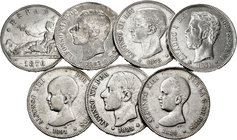 Lote de 14 monedas de 5 pesetas del Centenario 1870 (2), 1871 (2), 1875, 1876 (2), 1885 (2), 1888, 1889 (2), 1891. Algunas estrellas visibles. A EXAMI...