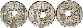 Lote de 3 monedas Estado Español de 50 céntimos 1949*52*53 y *56, todas con el agujero desplazado. A EXAMINAR. UNC. Est...25,00.