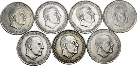 Lote de 7 monedas de 100 pesetas de Estado Español, 1966*19-66. Todas las estrellas visibles. A EXAMINAR. VF/XF. Est...70,00.