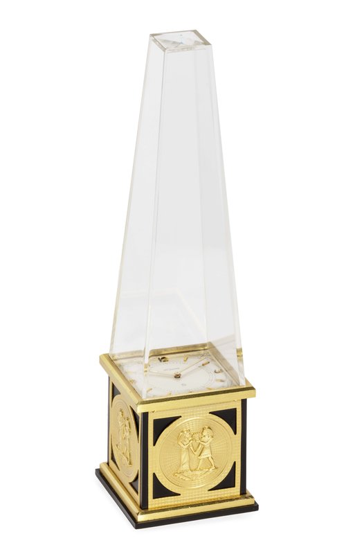 LeCoultre “Obelisk”, Ref. 462. Orologio da tavolo, in ottone dorato, 8 giorni di...