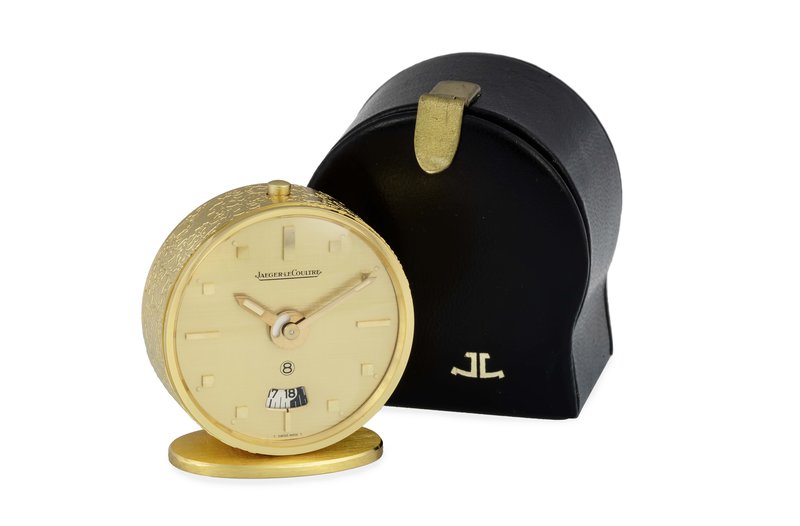 Jaeger LeCoultre Piccolo orologio da scrivania, in ottone dorato, con funzione d...