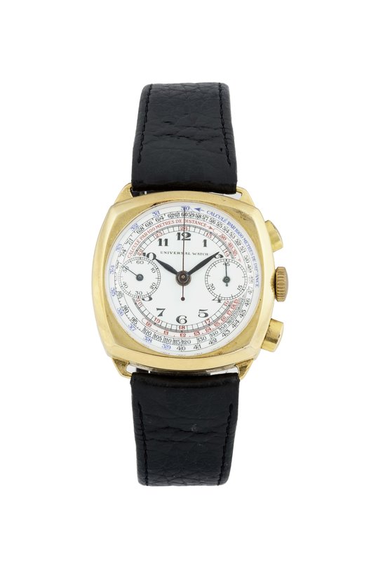 Universal Watch cassa No. 556148. Orologio da polso, di forma cushion, in oro gi...