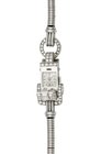 Rolex, “Precision”, TIFFANY. Elegante e raro, orologio da donna, di forma rettangolare, in platino e brillanti Art Decò, con diamanti taglio baguette,...