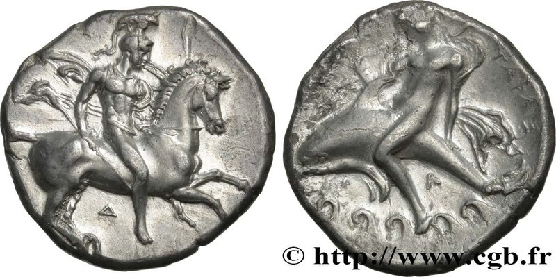CALABRIA - TARAS
Type : Nomos, statère ou didrachme 
Date : c. 380-340 AC. 
Mint...