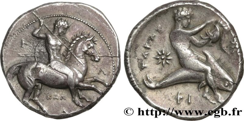 CALABRIA - TARAS
Type : Nomos, statère ou didrachme 
Date : c. 340-332 AC. 
Mint...