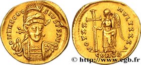 THEODOSIUS II
Type : Solidus 
Date : 420-422 
Mint name / Town : Constantinople 
Metal : gold 
Millesimal fineness : 1000  ‰
Diameter : 19,5  mm
Orien...