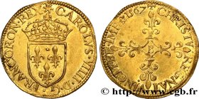 CHARLES IX
Type : Écu d'or au soleil, 1er type 
Date : 1567 
Mint name / Town : Rouen 
Quantity minted : 80300 
Metal : gold 
Millesimal fineness : 95...