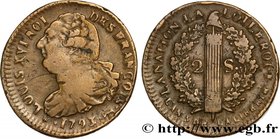 LOUIS XVI
Type : 2 sols dit "au faisceau", type FRANÇOIS 
Date : 1793 
Mint name / Town : Pau 
Metal : bell metal 
Diameter : 34,5  mm
Orientation die...