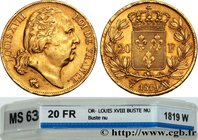 LOUIS XVIII
Type : 20 francs or Louis XVIII, tête nue 
Date : 1819 
Mint name / Town : Lille 
Quantity minted : 218.013 
Metal : gold 
Millesimal fine...