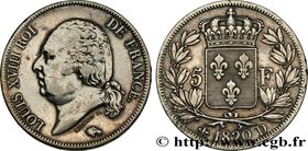 LOUIS XVIII
Type : 5 francs Louis XVIII, tête nue 
Date : 1820 
Mint name / Town : Lyon 
Quantity minted : 17009 
Metal : silver 
Millesimal fineness ...