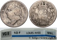 LOUIS XVIII
Type : 1/2 franc Louis XVIII 
Date : 1816 
Mint name / Town : Bayonne 
Quantity minted : 3.267 
Metal : silver 
Millesimal fineness : 900 ...