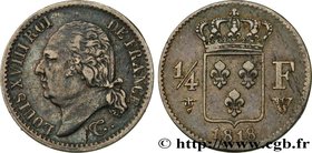LOUIS XVIII
Type : 1/4 franc Louis XVIII 
Date : 1818 
Mint name / Town : Lille 
Quantity minted : 3.288 
Metal : silver 
Millesimal fineness : 900  ‰...