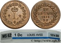 LOUIS XVIII
Type : Un décime à l’L couronnée 
Date : 1814 
Mint name / Town : Strasbourg 
Quantity minted : 120853 
Metal : bronze 
Diameter : 32  mm
...