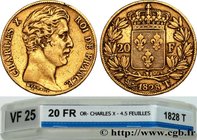 CHARLES X
Type : 20 francs or Charles X 
Date : 1828 
Mint name / Town : Nantes 
Quantity minted : 3151 
Metal : gold 
Millesimal fineness : 900  ‰
Di...