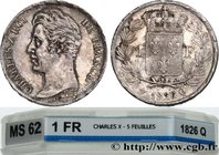 CHARLES X
Type : 1 franc Charles X, matrice du revers à cinq feuilles 
Date : 1826 
Mint name / Town : Perpignan 
Quantity minted : 25130 
Metal : sil...