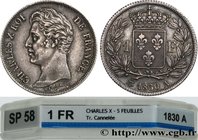 CHARLES X
Type : 1 franc Charles X, tranche cannelée 
Date : 1830 
Mint name / Town : Paris 
Quantity minted : 3671 
Metal : silver 
Millesimal finene...