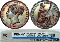 GREAT-BRITAIN - VICTORIA
Type : 1 Penny “tête jeune” Proof 
Date : 1853 
Quantity minted : - 
Metal : copper 
Diameter : 34  mm
Orientation dies : 12 ...