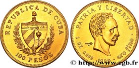 CUBA
Type : 100 Pesos José Marti 
Date : 1989 
Quantity minted : 150 
Metal : gold 
Millesimal fineness : 999  ‰
Diameter : 32,5  mm
Orientation dies ...