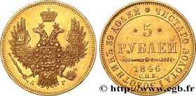 RUSSIA - NICHOLAS I
Type : 5 Rouble 
Date : 1846 
Mint name / Town : Saint-Pétersbourg 
Quantity minted : 3442405  
Metal : gold 
Millesimal fineness ...