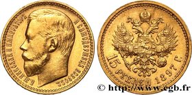 RUSSIA - NICHOLAS II
Type : 15 Rouble 
Date : 1897 
Mint name / Town : Saint-Petersbourg 
Quantity minted : 11900000 
Metal : gold 
Millesimal finenes...