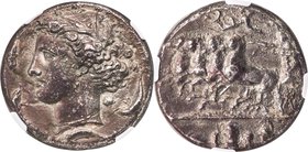 SICILY. Syracuse. Time of Dionysius I (405-367 BC). AR decadrachm (34mm, 41.47 gm, 7h). NGC Choice XF 5/5 - 2/5, Fine Style. Unsigned dies by the "she...