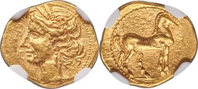 ZEUGITANA. Carthage. Ca. 221-201 BC. AV quarter-shekel (13mm, 1.78 gm, 12h). NGC Choice AU 5/5 - 2/5, graffito. Head of Tanit left, wreathed in two gr...