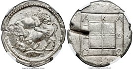 MACEDON. Acanthus. Ca. 470-430 BC. AR tetradrachm (29mm, 17.36 gm, 5h). NGC MS 5/5 - 2/5, test cut. Lion springing right, biting into hind quarters of...