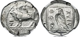 CYPRUS. Paphos. Stasandros (ca. 425-400 BC). AR stater (23mm, 10.98 gm, 12h). NGC AU 4/5 - 4/5. Bull standing left on beaded double line; winged solar...