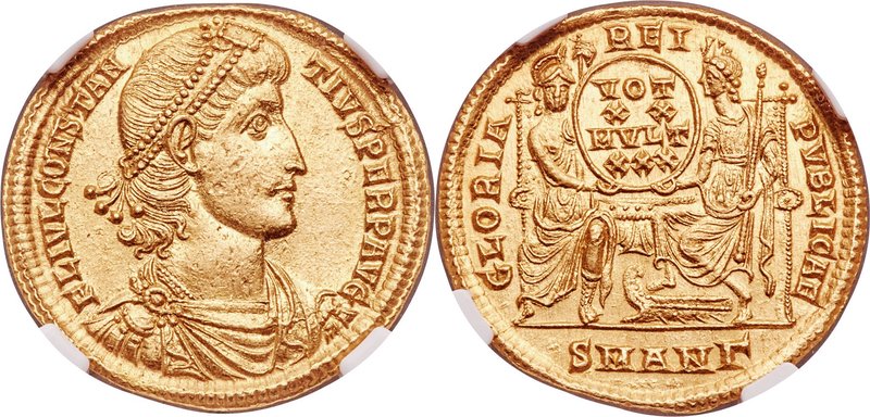 Constantius II, as Augustus (AD 337-361). AV solidus (21mm, 4.46 gm, 5h). NGC MS...