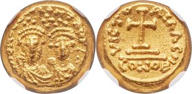 Heraclius (AD 610-641) and Heraclius Constantine. AV solidus (11mm, 4.51 gm, 6h). NGC Gem MS 4/5 - 5/5. Carthage, Indictional Year 8 (AD 619/20 or 634...