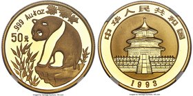People's Republic gold "Large Date" Panda 50 Yuan (1/2 oz) 1993 MS70 NGC, Shenyang mint, KM-A614, PAN-190A. A shimmering representative devoid of flaw...