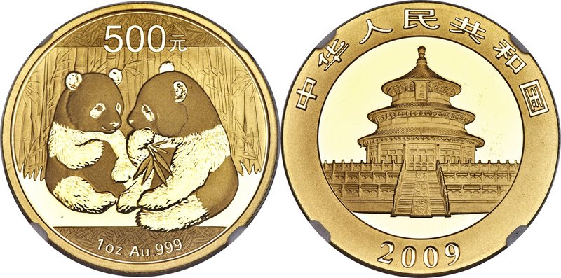 People's Republic gold Panda 500 Yuan (1 oz) 2009 MS69 NGC, KM1872. AGW 0.999 oz...