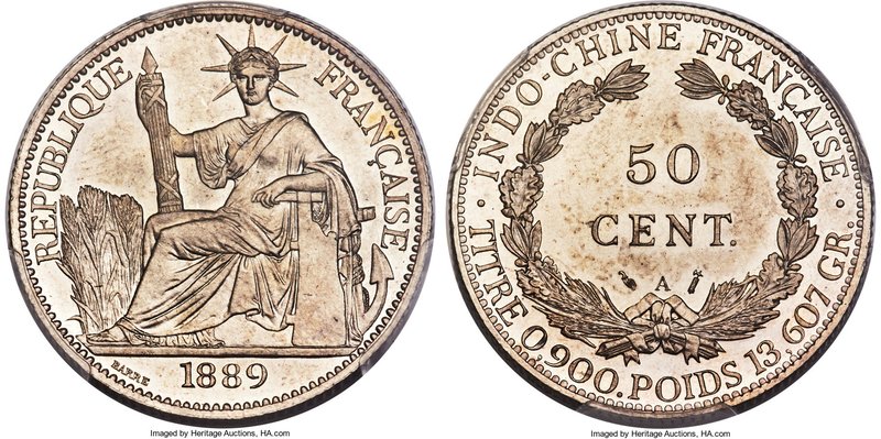 French Colony Proof 50 Cents 1889-A PR61 PCGS, Paris mint, KM4. A very scarce ty...