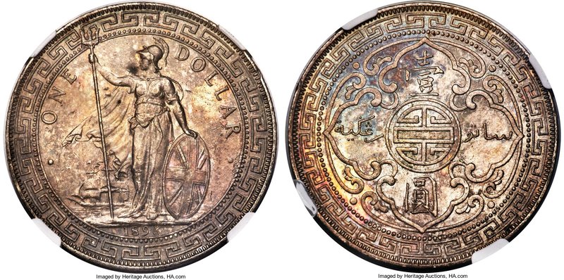 Victoria Trade Dollar 1896-B MS61 NGC, Bombay mint, KM-T5. Toned throughout over...